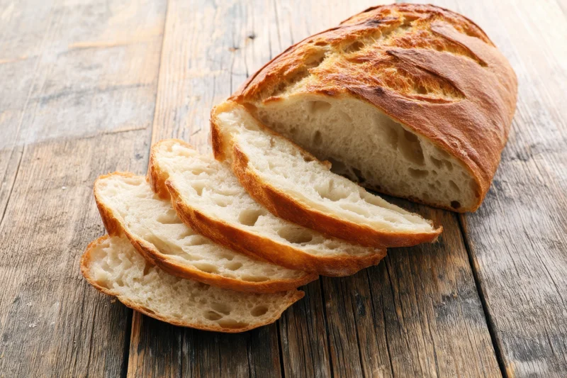 Sliced crusty rustic bread loaf fanned on weathered wooden table