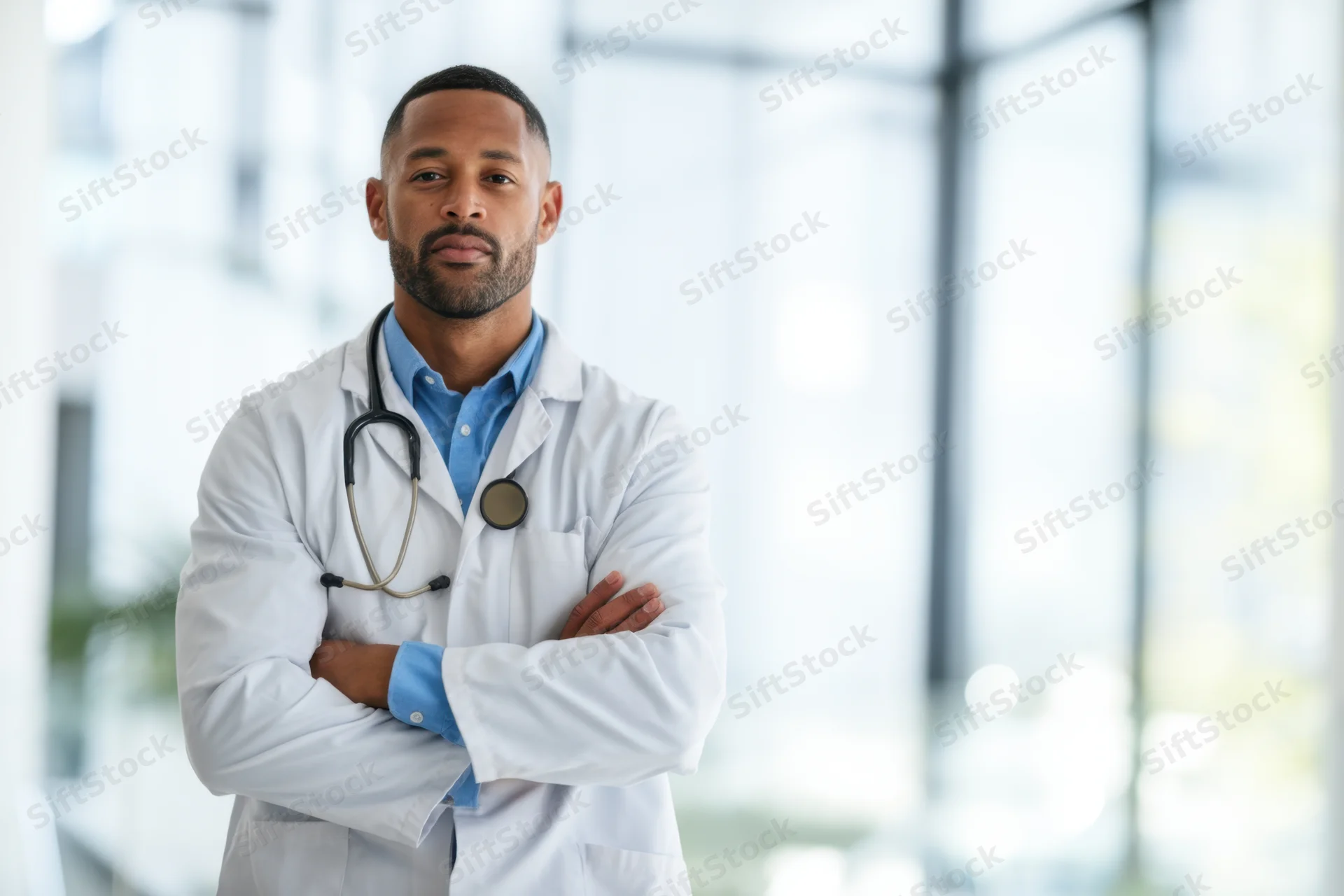 Doctor in white lab coat with stethoscope arms crossed in modern clinic interior