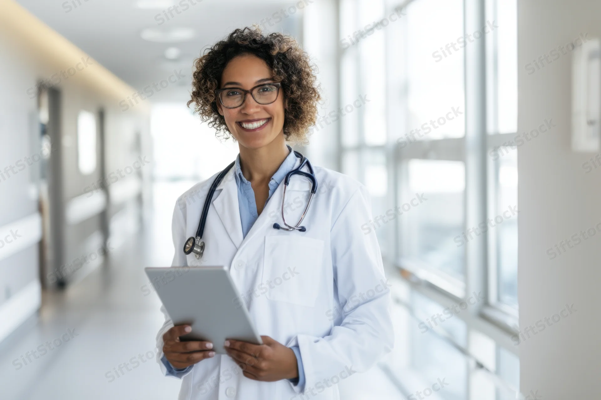 Woman doctor in white lab coat holding tablet in hospital corridor, smiling at camera