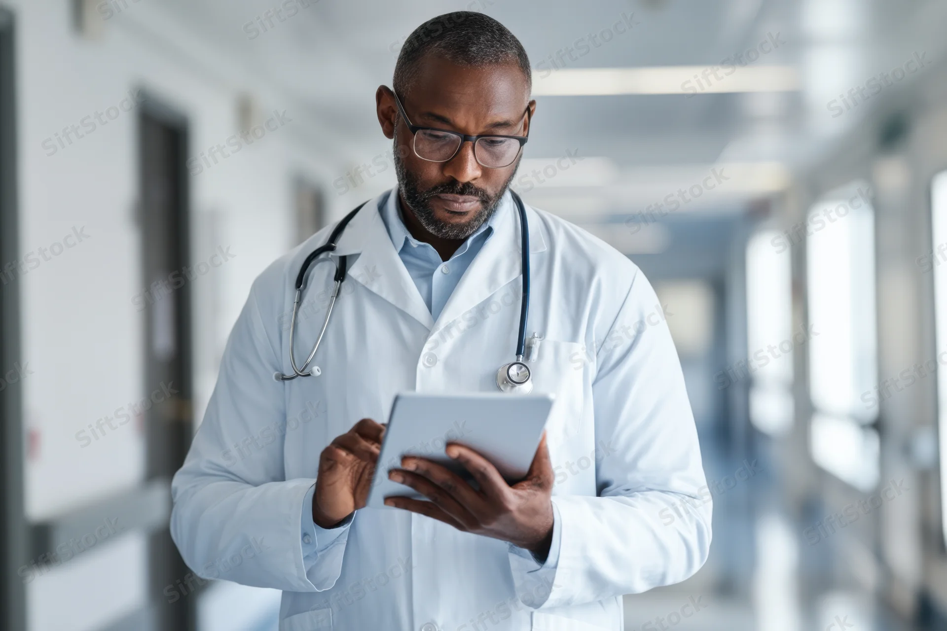Male doctor in white lab coat using digital tablet in hospital hallway