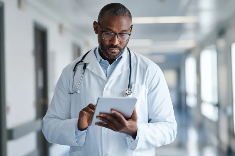 Male doctor in white lab coat using digital tablet in hospital hallway