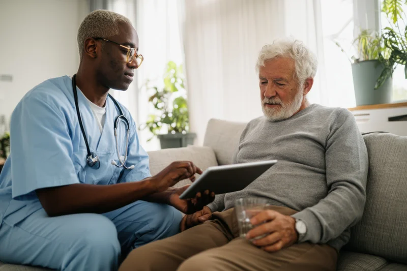 Doctor in light blue scrubs showing tablet to senior patient during home visit on couch