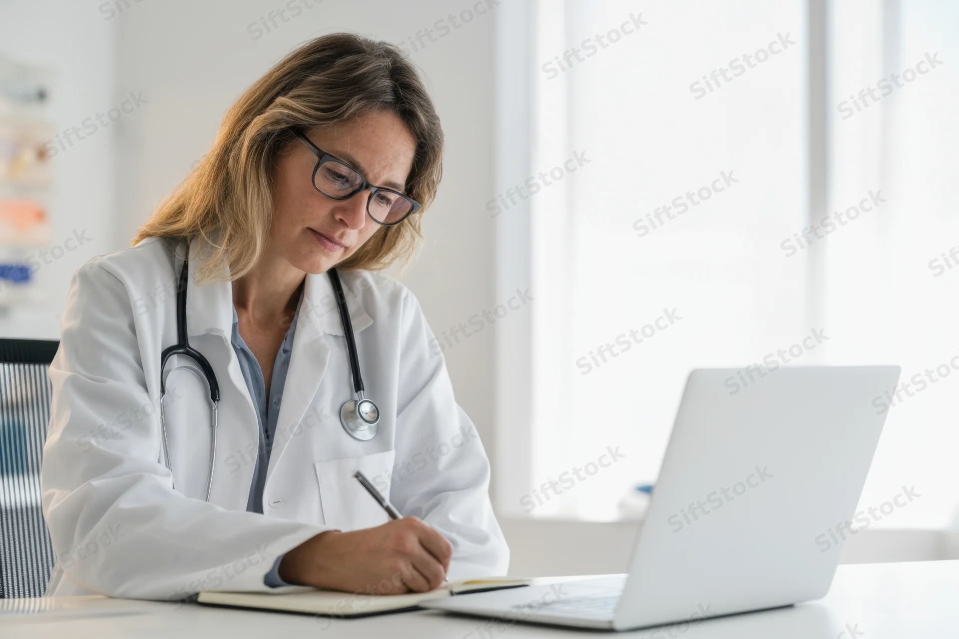 Female doctor in white coat writing in notebook at desk with laptop in office
