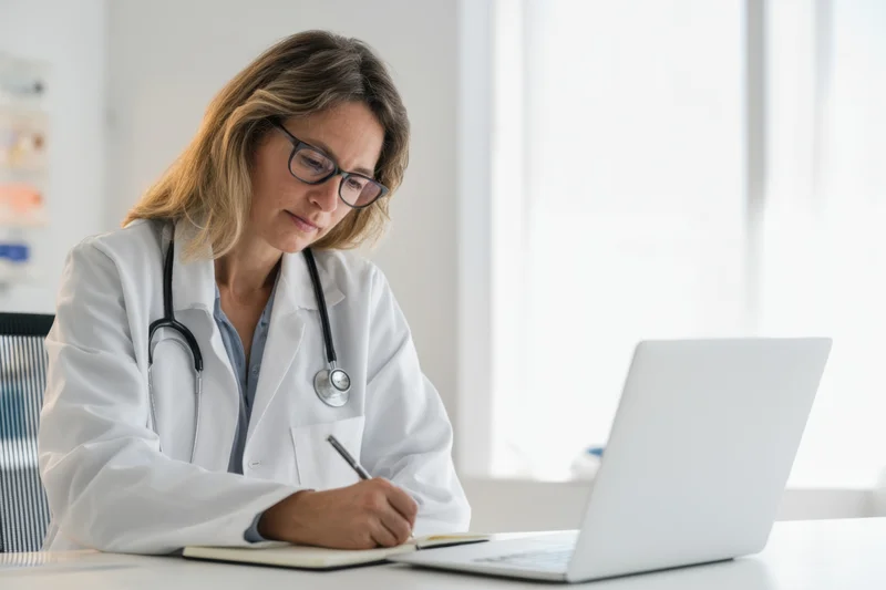 Female doctor in white coat writing in notebook at desk with laptop in office