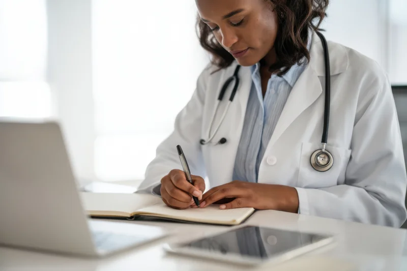 Female doctor writing notes in a notebook at a desk with laptop and tablet nearby