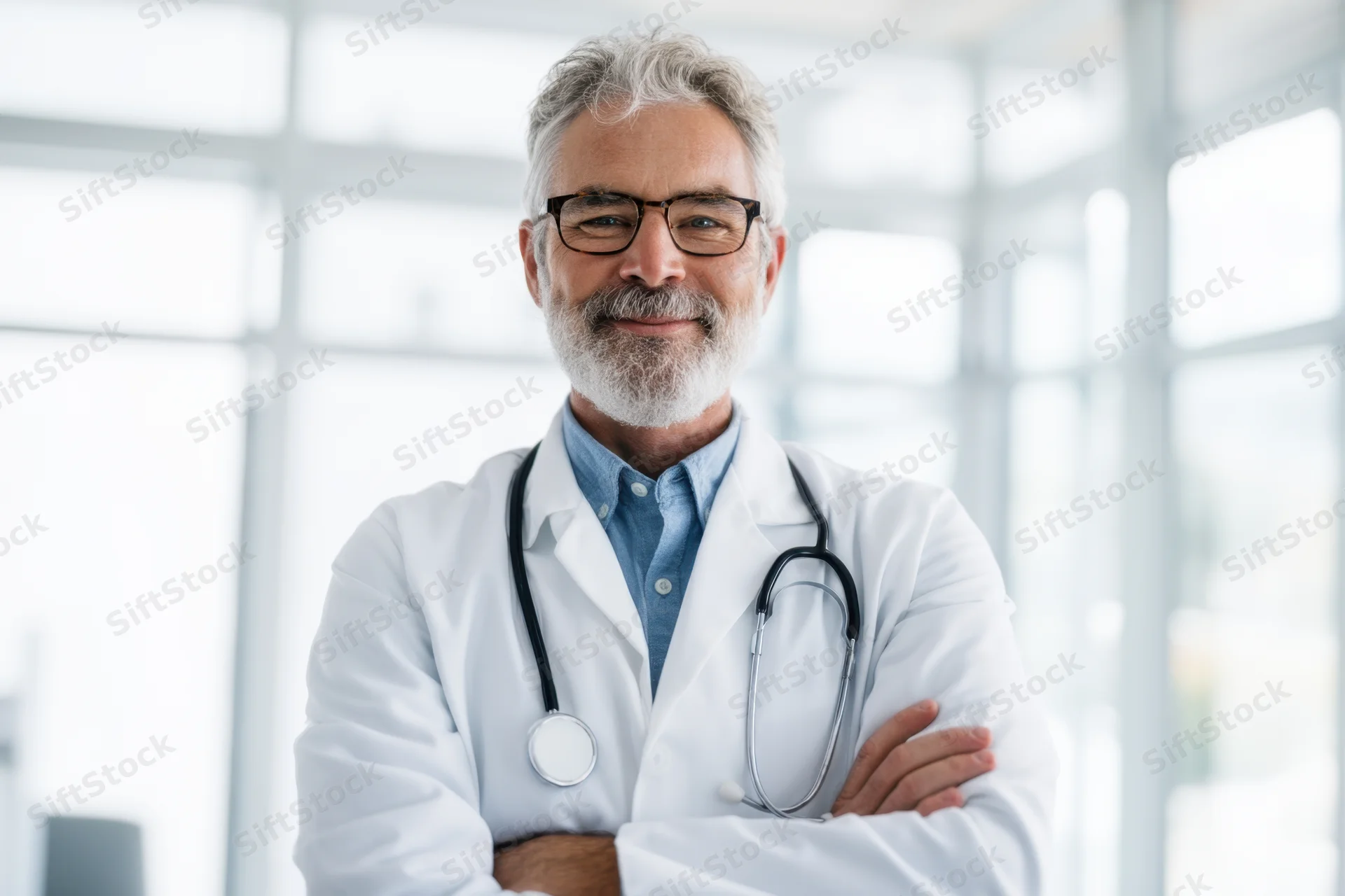 Senior male doctor with gray hair and beard, wearing glasses and white lab coat with stethoscope, arms crossed, standing in bright modern clinic interior