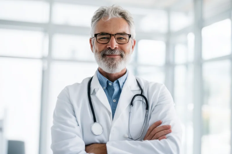 Senior male doctor with gray hair and beard, wearing glasses and white lab coat with stethoscope, arms crossed, standing in bright modern clinic interior