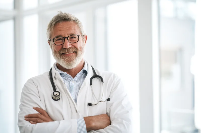 Senior male doctor with gray hair and beard, wearing glasses and white coat with stethoscope, arms crossed, smiling in a bright clinic interior