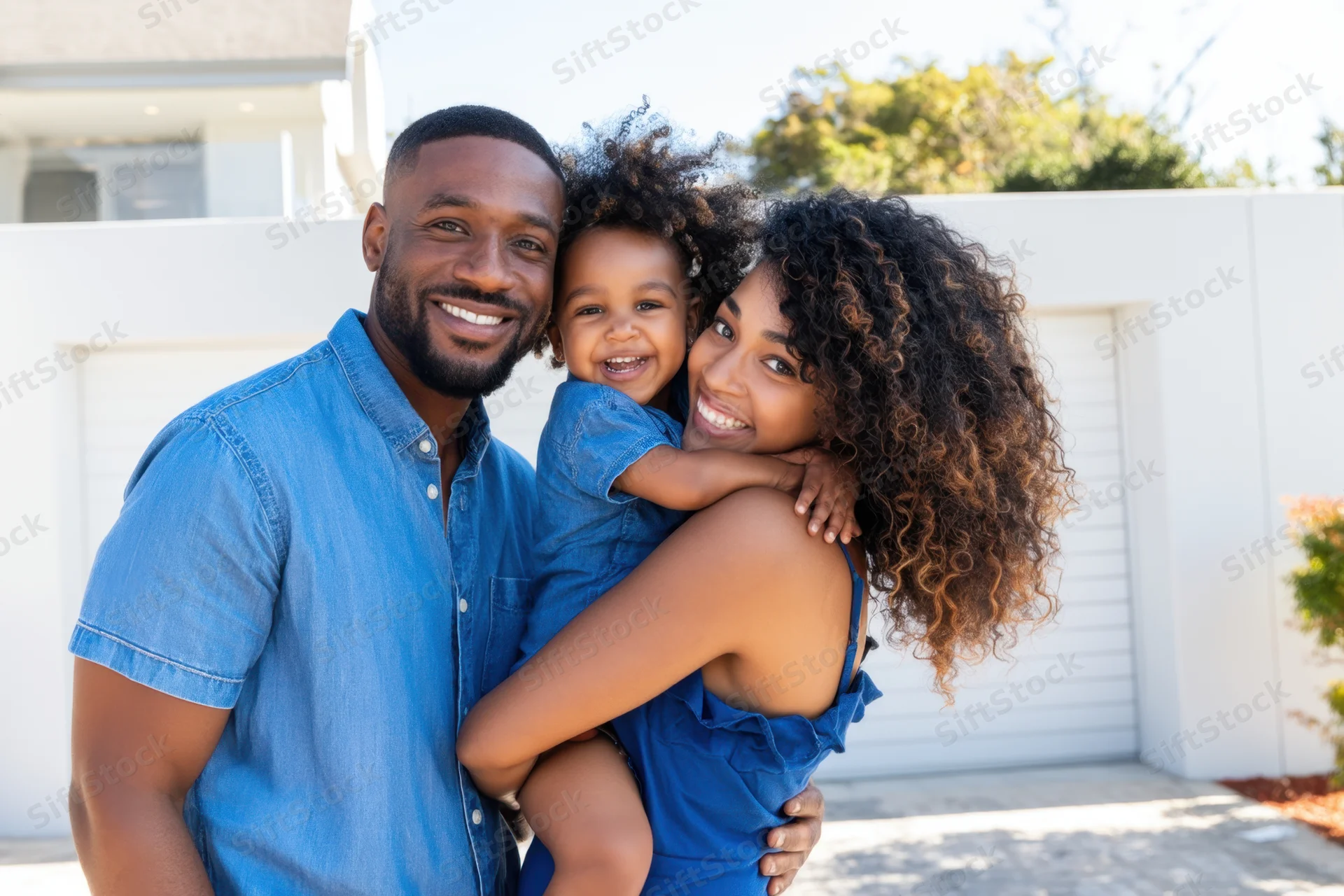 Happy black family smiling together outdoors in front of their house on a sunny day