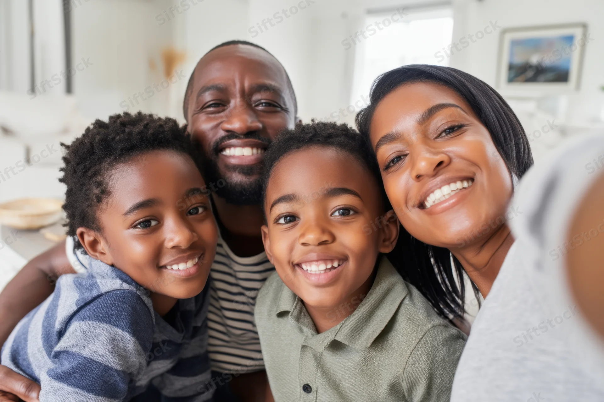 A black family of four smiling closely together for a selfie in their living room