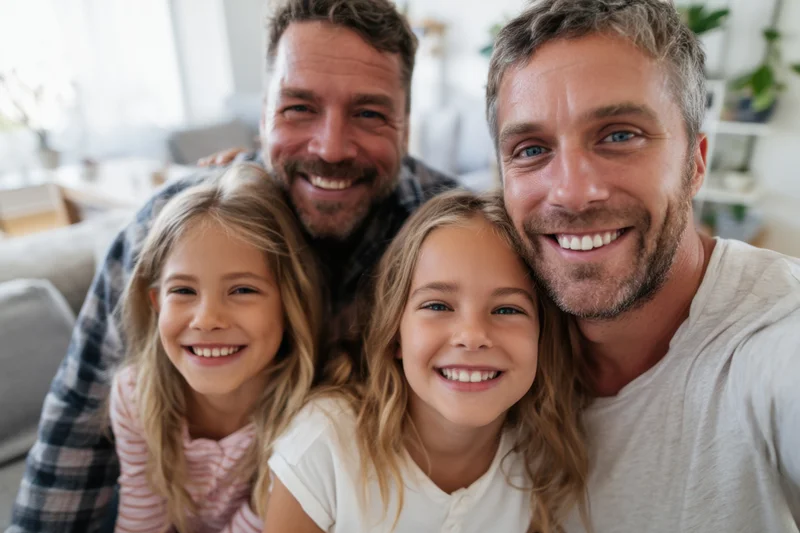 Family of four smiling closely together in living room taking selfie