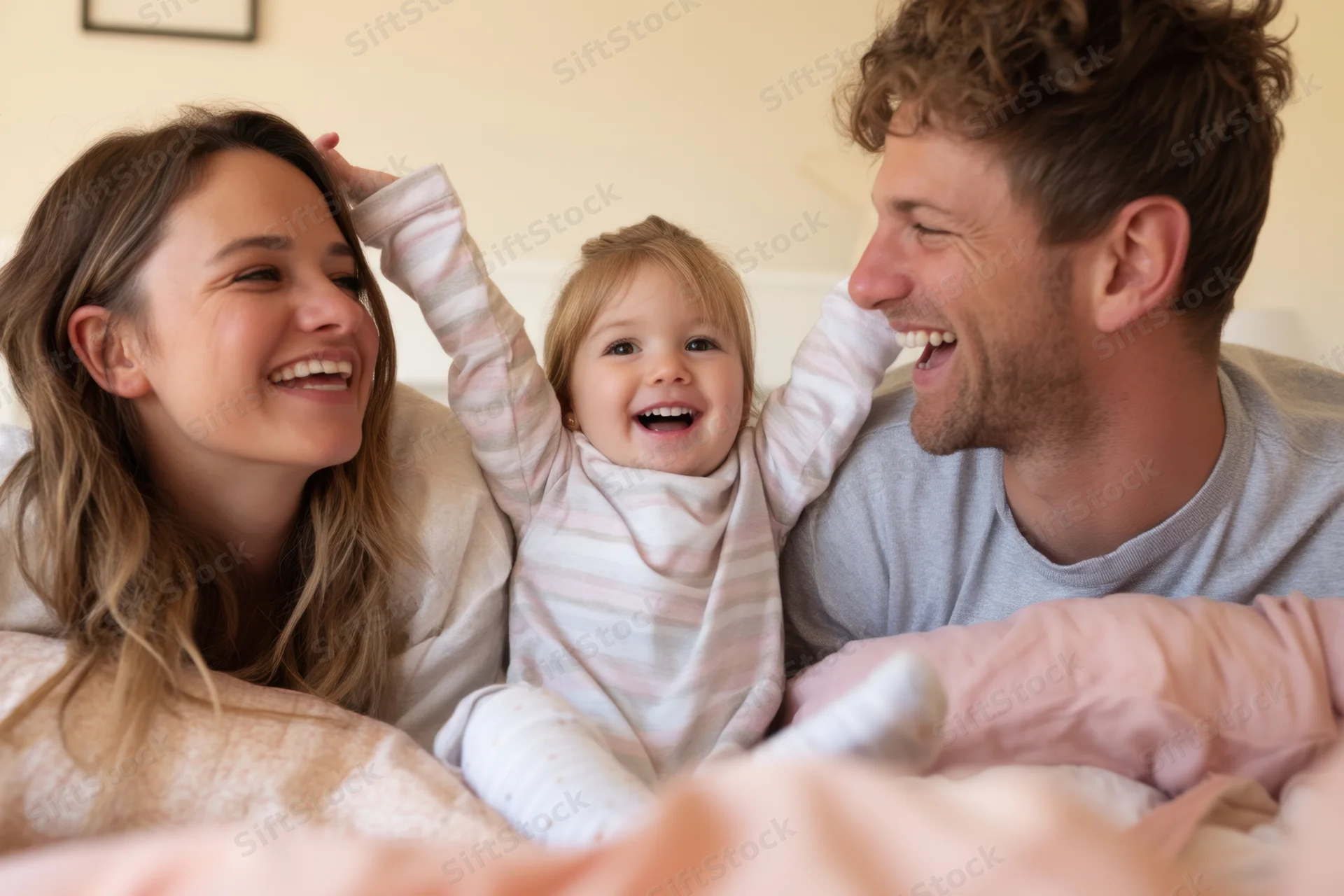 Mother and father laughing with baby on bed in bedroom