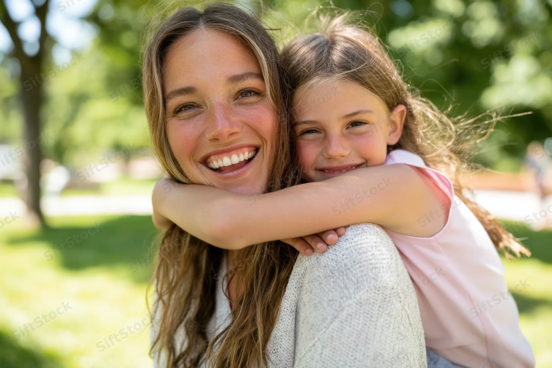 Woman laughing while being hugged from behind by a young girl in a sunlit park