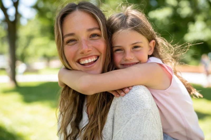 Woman laughing while being hugged from behind by a young girl in a sunlit park