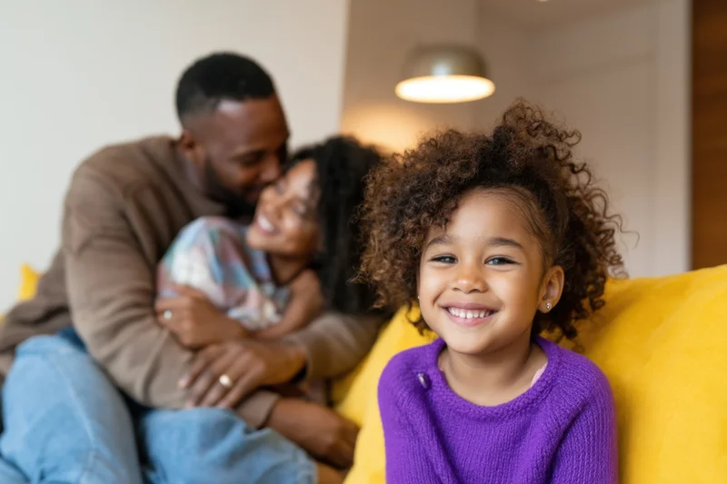 Young girl smiling at camera while parents embrace on yellow couch in living room