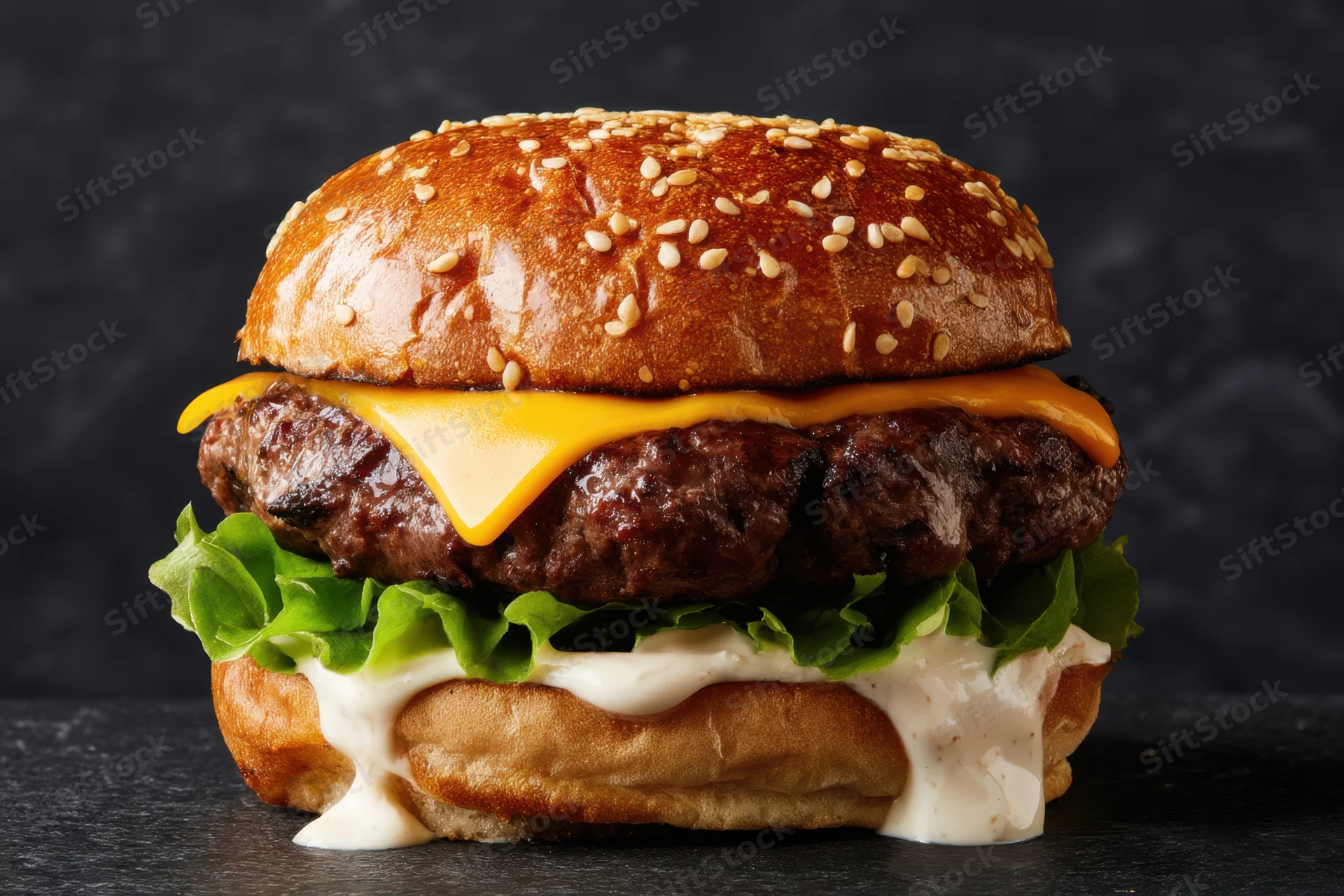 Cheeseburger with beef patty, melted cheddar, lettuce and sauce on dark surface