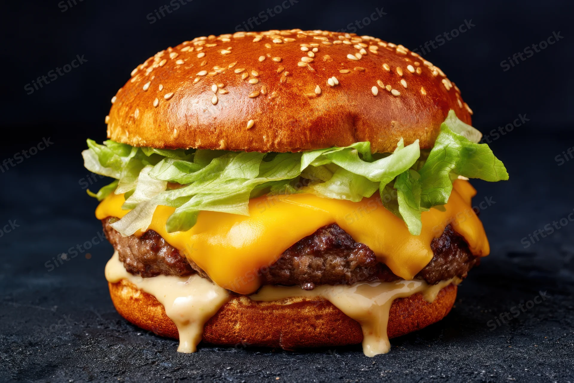 Cheeseburger with melted cheddar, beef patty, lettuce and sauce on dark surface