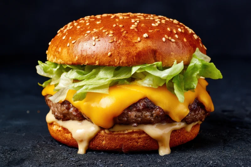 Cheeseburger with melted cheddar, beef patty, lettuce and sauce on dark surface