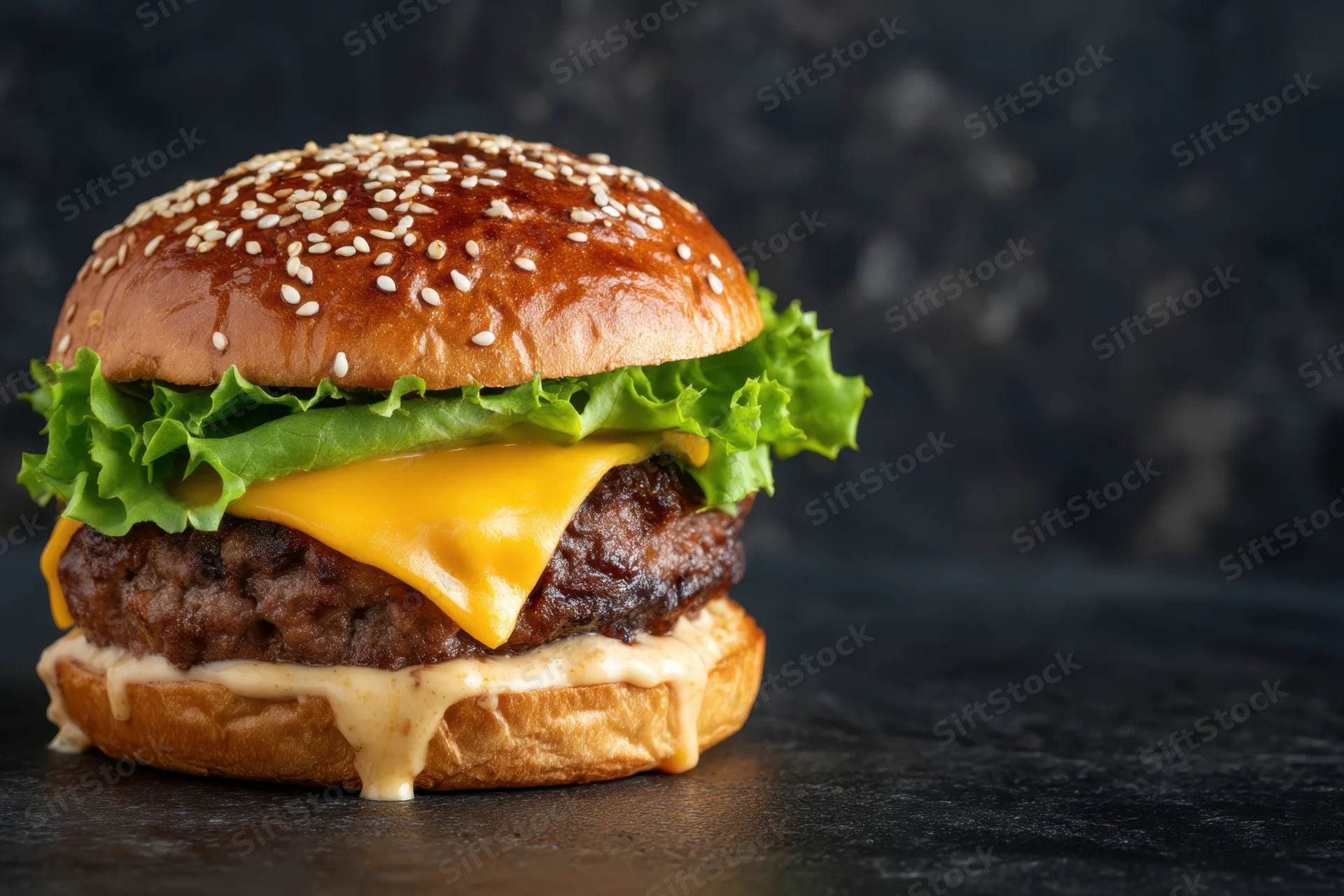 Cheeseburger with beef patty, melted cheddar, lettuce and sauce on dark surface