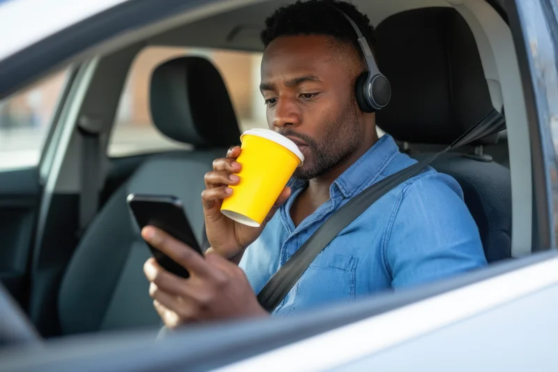 Man in driver’s seat of car holding smartphone and drinking coffee while wearing headset
