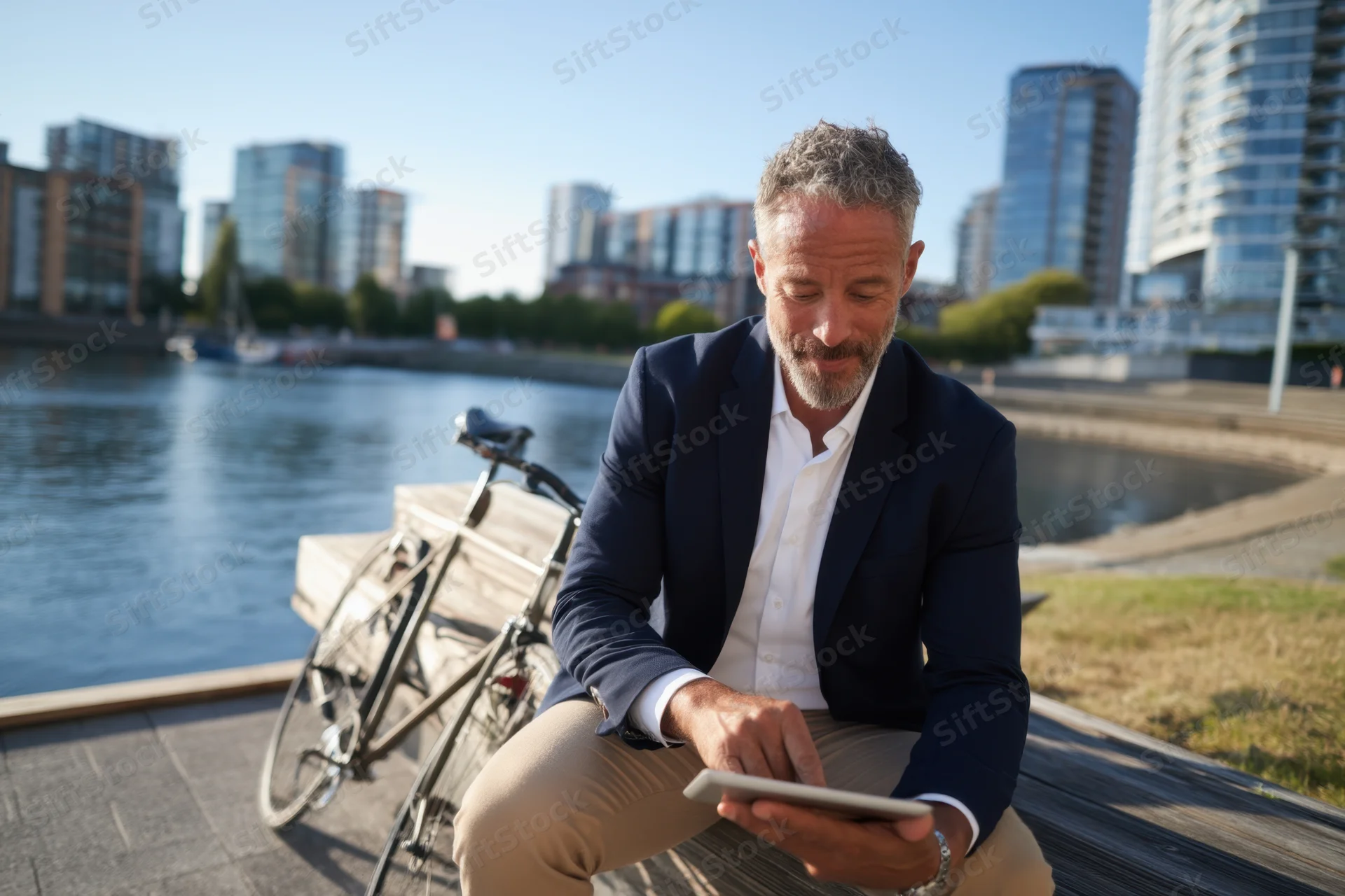 Man in navy blazer using tablet while sitting on wooden bench by river in city