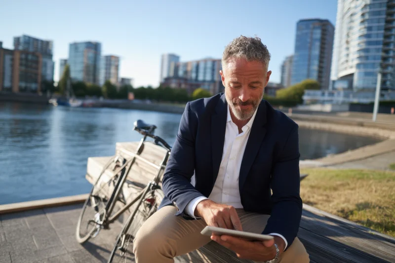 Man in navy blazer using tablet while sitting on wooden bench by river in city