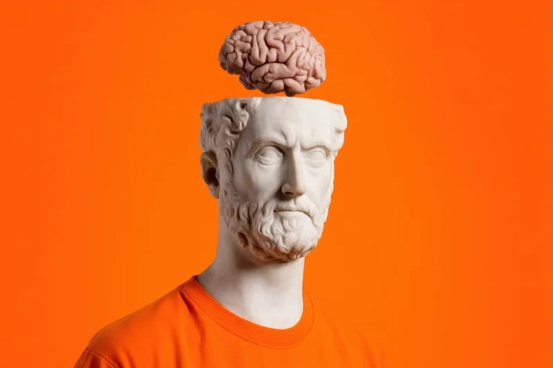 Marble bust with floating brain wearing orange shirt against orange background