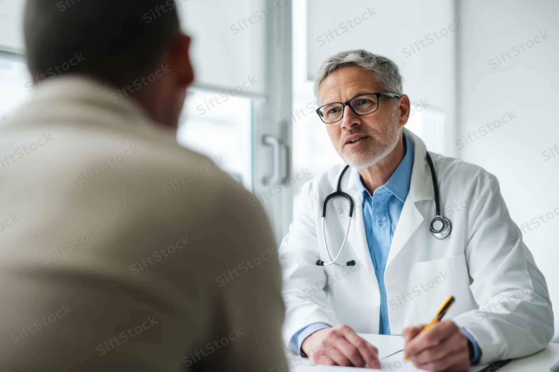 Doctor in white coat with stethoscope speaking to patient at desk in clinic