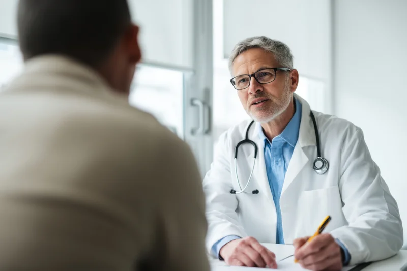 Doctor in white coat with stethoscope speaking to patient at desk in clinic