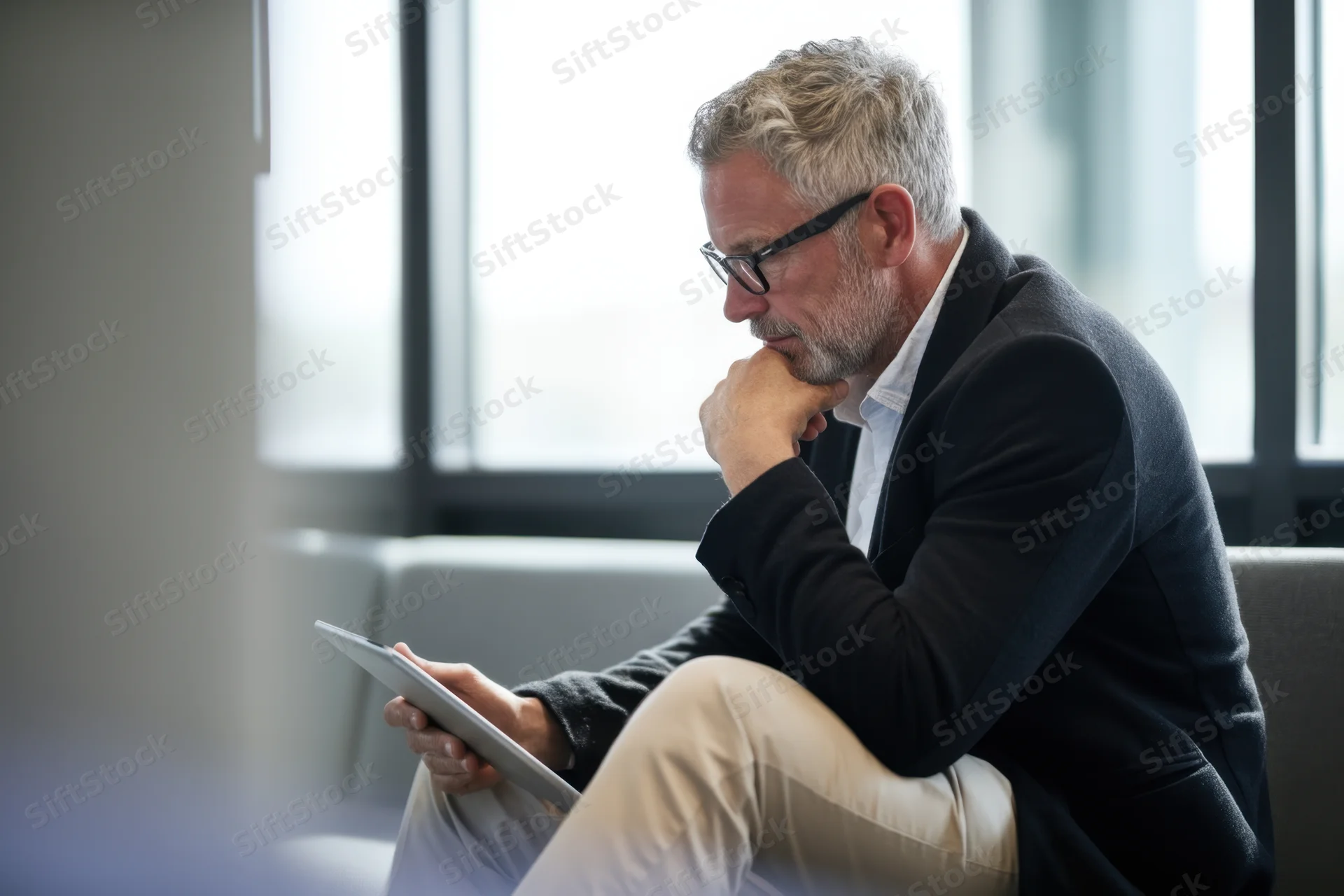 Middle-aged man in suit sitting on sofa holding tablet, looking down in thought near window in office interior