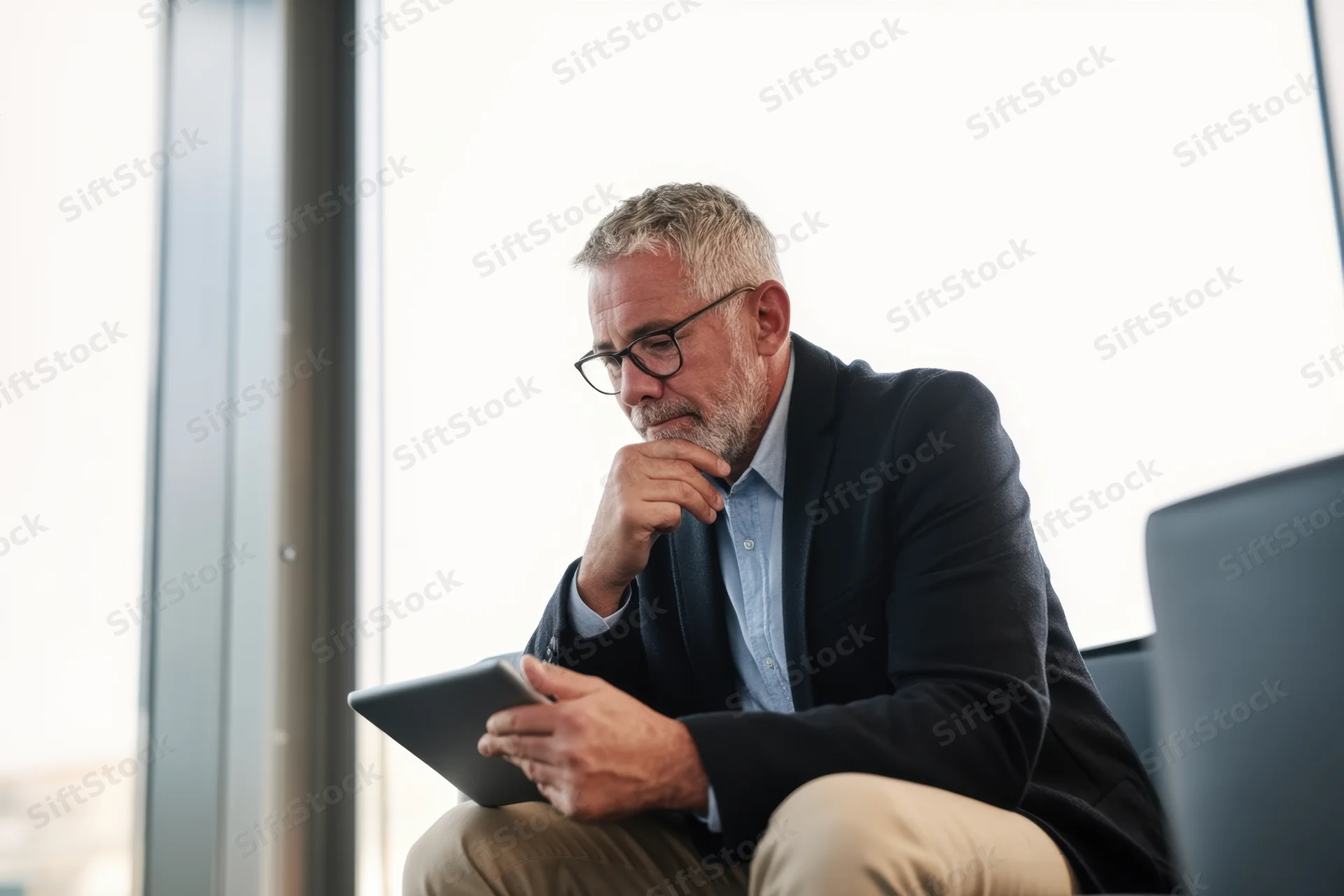 Middle-aged man in suit thinking while holding tablet in office near window