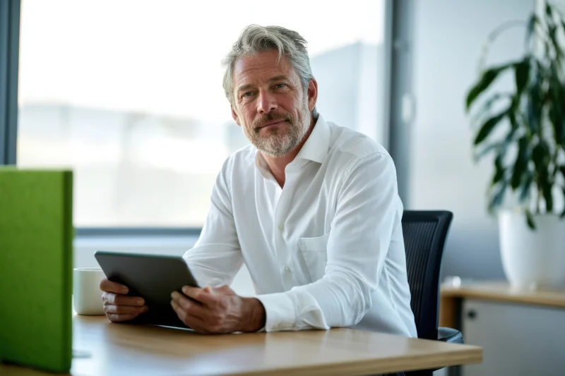 Middle-aged man in white shirt holding tablet at office desk near window