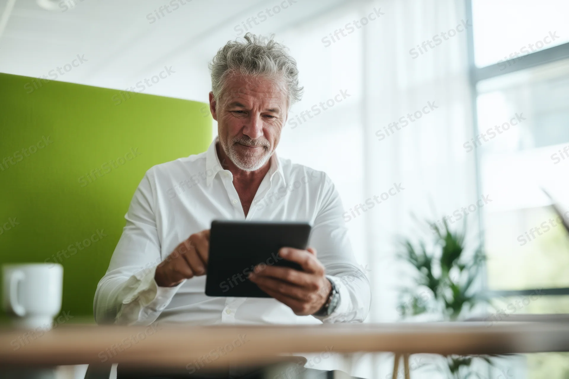 Middle-aged man in white shirt using tablet at desk in modern office space