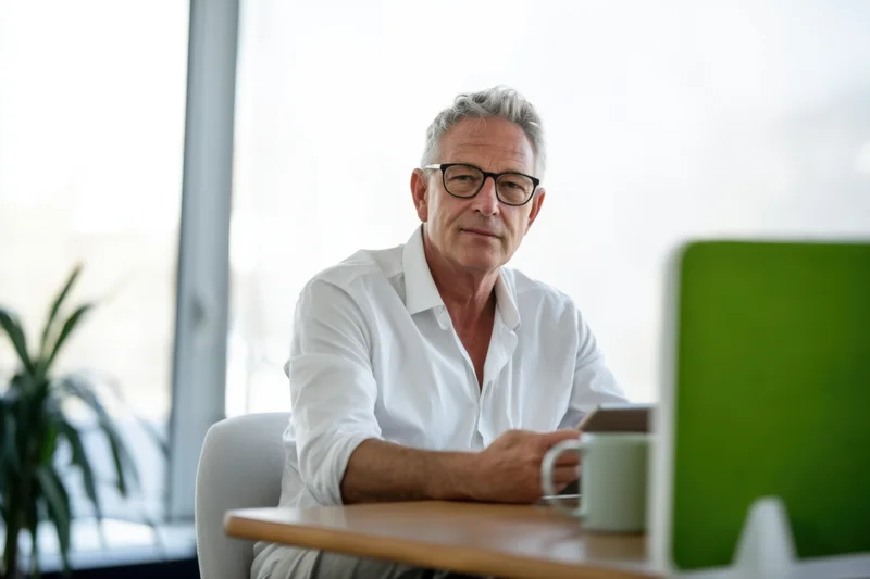 Middle-aged man in white shirt sitting at desk with computer in office