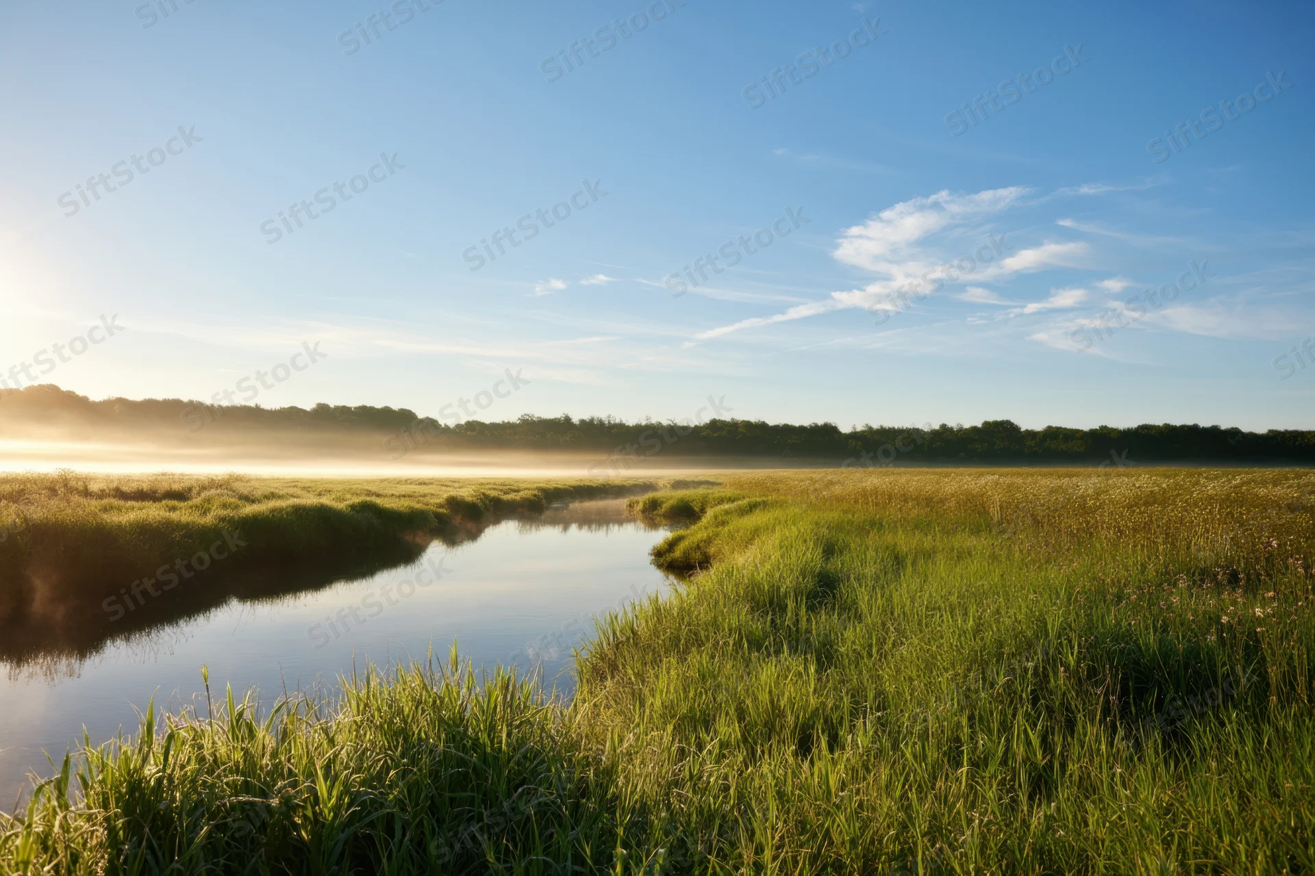 Misty river winding through a grassy meadow at dawn under a clear sky