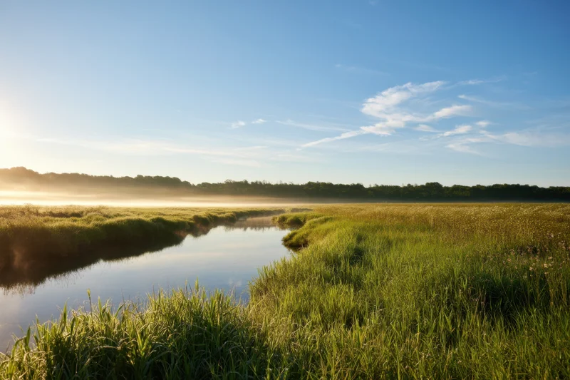 Misty river winding through a grassy meadow at dawn under a clear sky