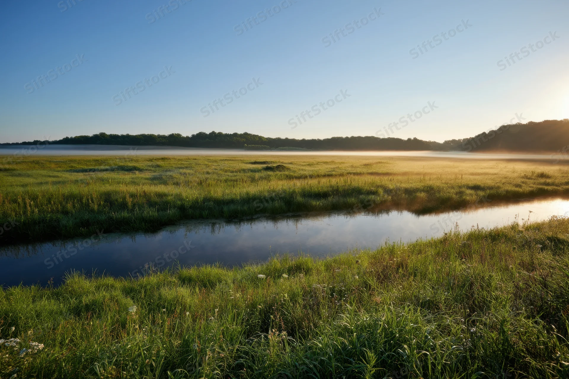 Misty riverside meadow at dawn with calm water reflecting sky and trees