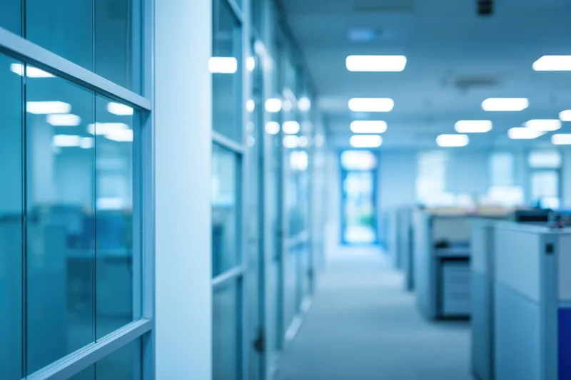 Modern office corridor with glass partitions and cubicles under fluorescent lighting