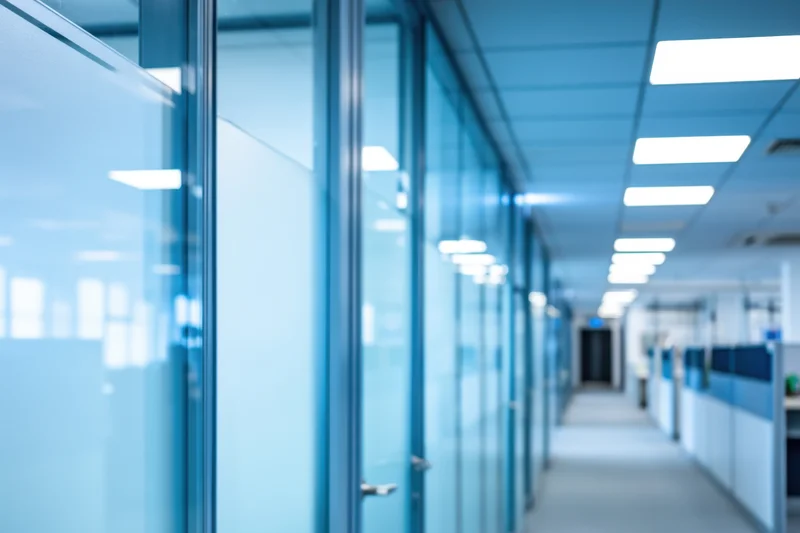 Modern office corridor with glass partitions and blue tinted lighting