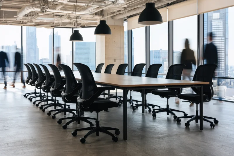 Long conference table with black chairs in a modern open-plan office with city view