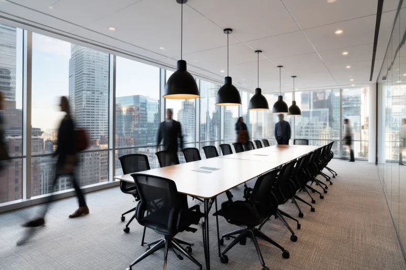 Long white conference table with black chairs in modern office overlooking city skyline, people walking in motion blur