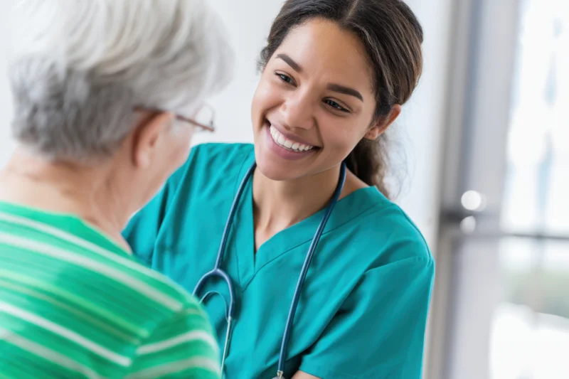 Nurse in teal scrubs smiling while conversing with a senior patient in a clinic setting