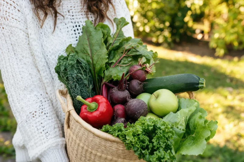 Woman holding a woven basket filled with fresh vegetables in a garden