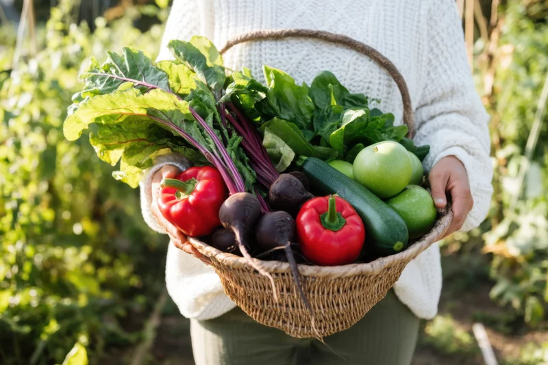 Woman holding a woven basket filled with fresh vegetables in a garden