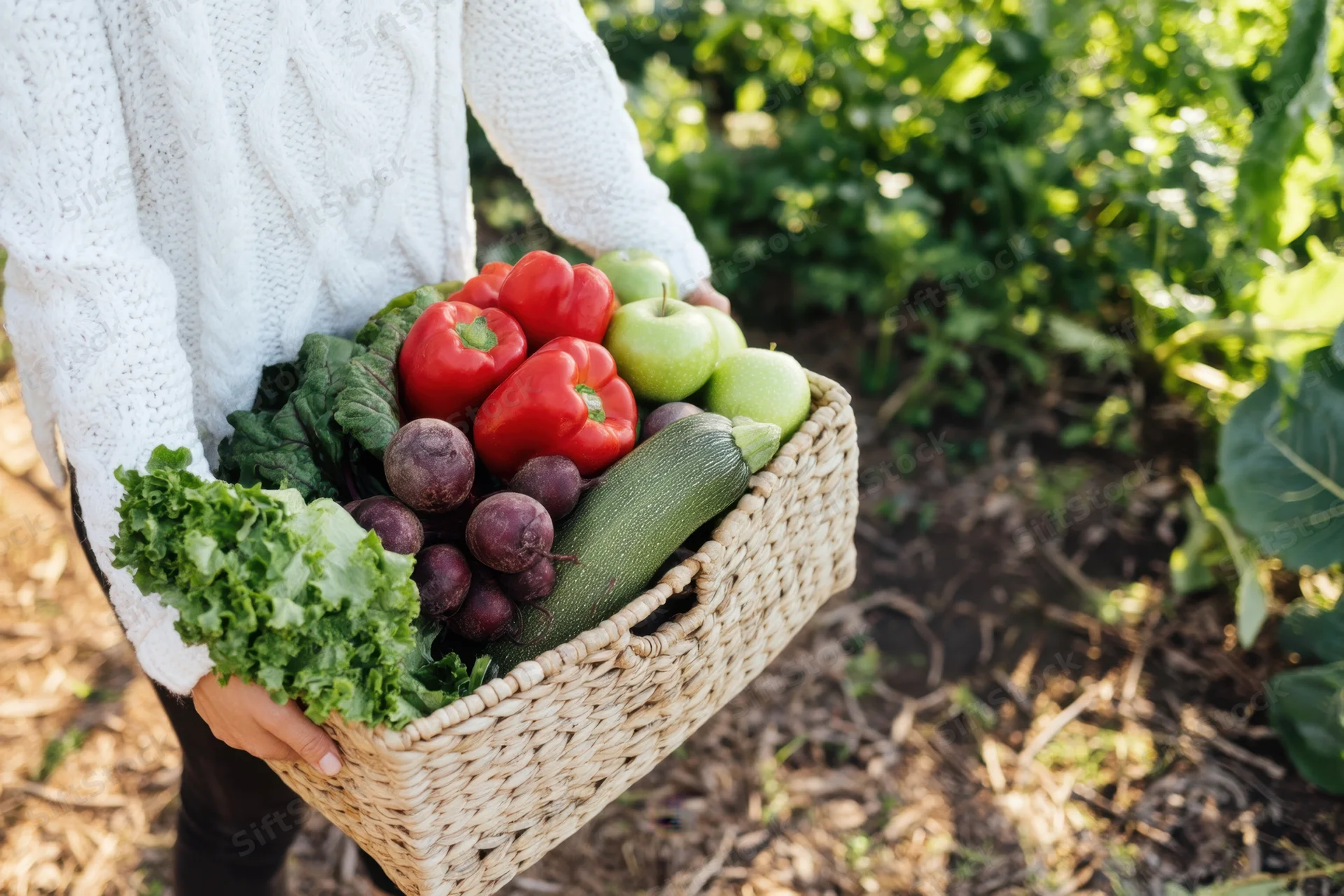 Woman holding a woven basket filled with fresh vegetables in a garden