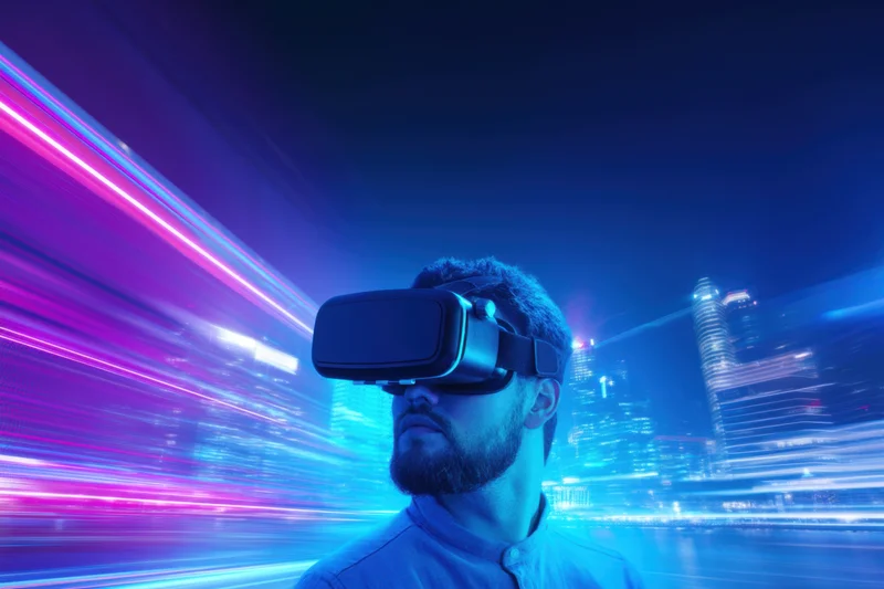 Man wearing vr headset in a futuristic city at night with neon light trails and blurred motion
