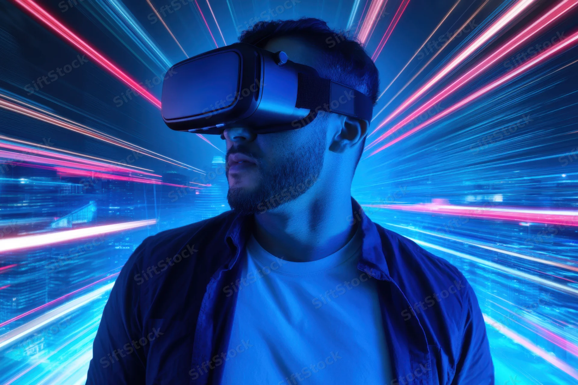 Man wearing vr headset immersed in digital cityscape at night
