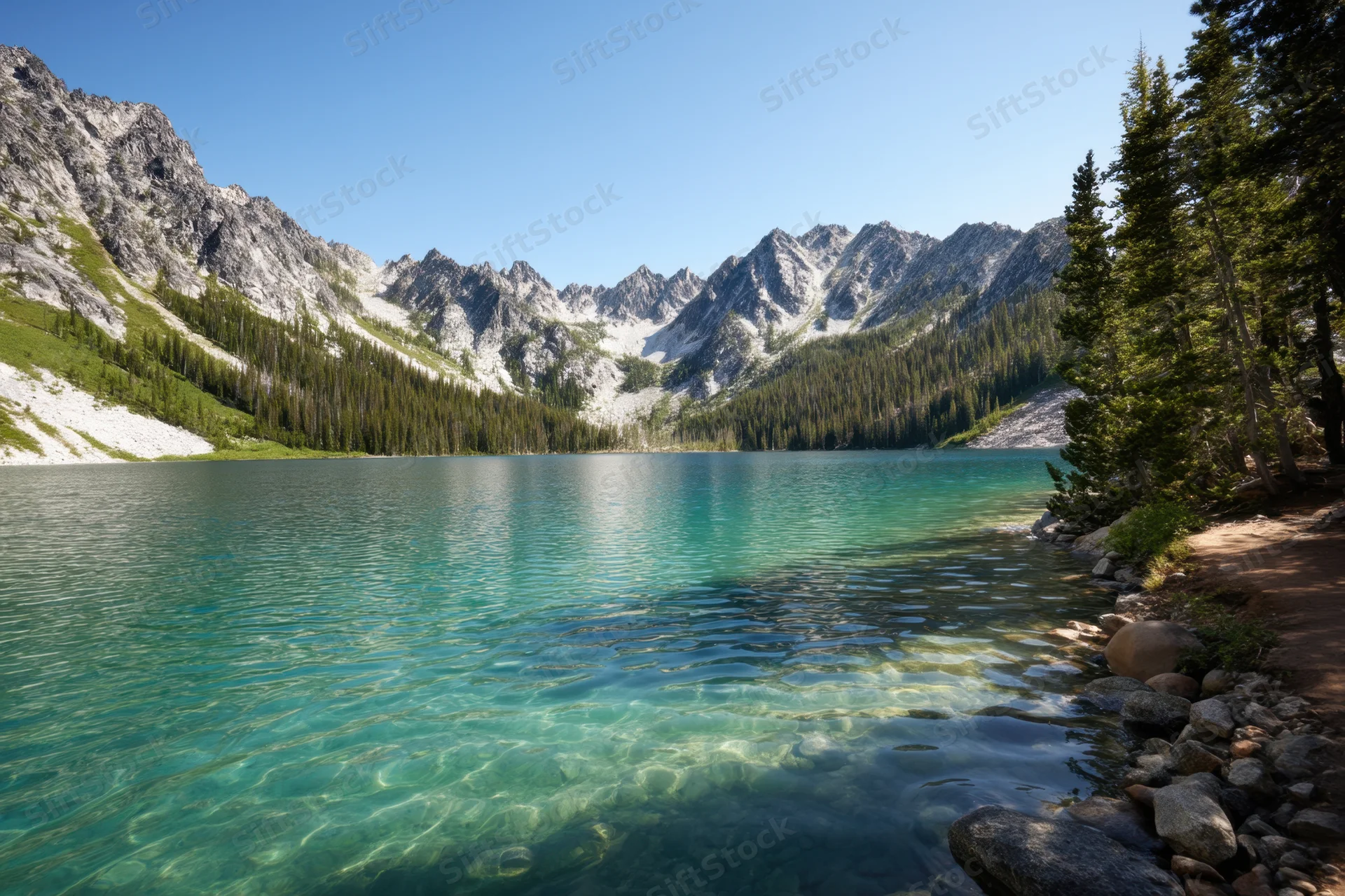 Turquoise alpine lake reflecting mountains and pine trees along a rocky shore