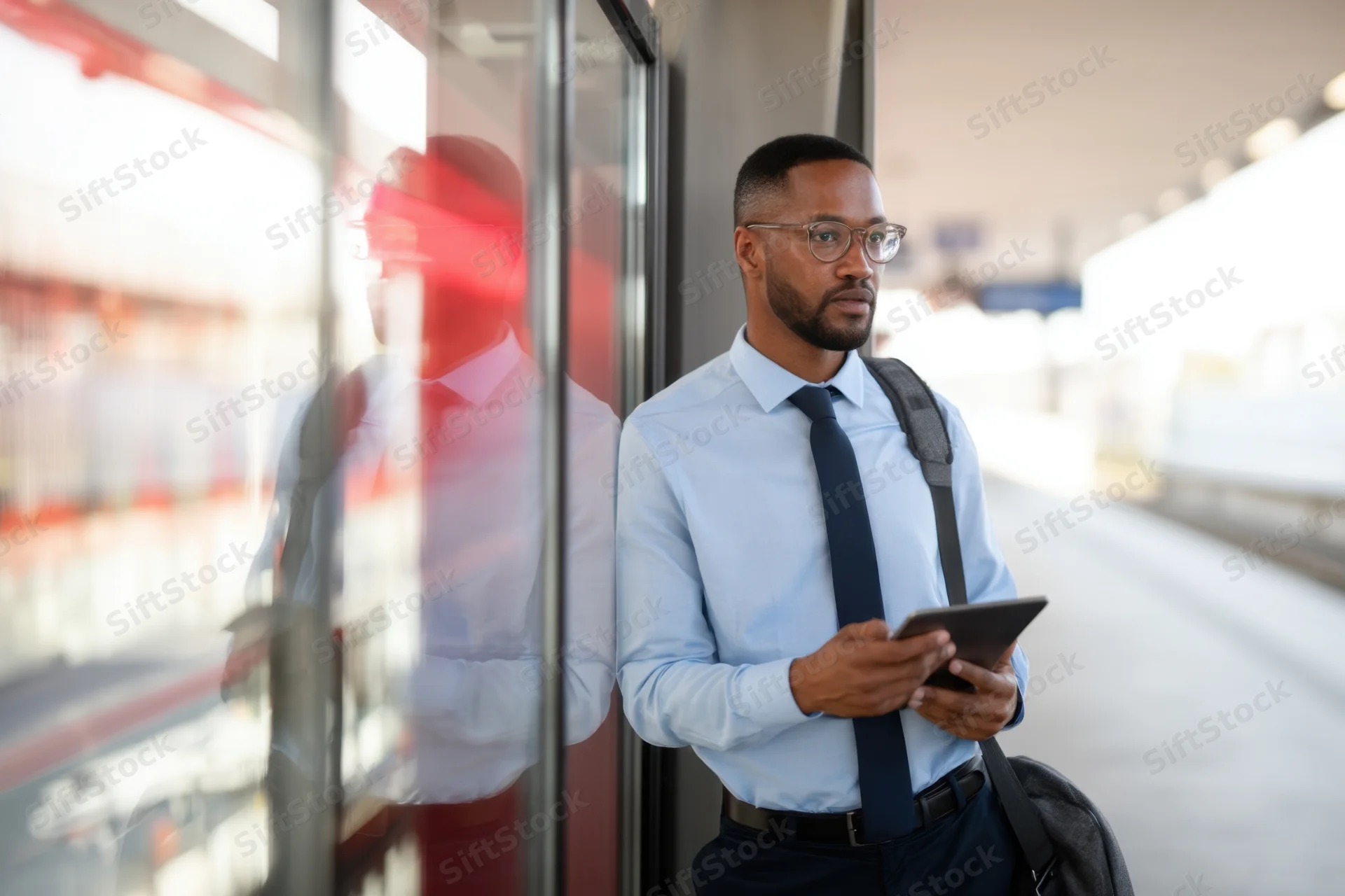 Man in business attire holding tablet while waiting at airport terminal