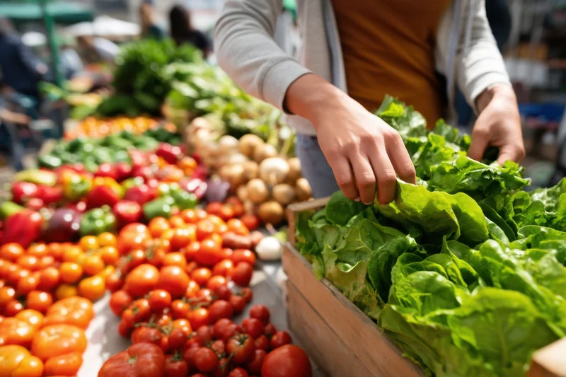 Shopper selecting fresh lettuce at a farmers market stall surrounded by colorful vegetables